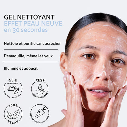 Bénéfices du Gel Nettoyant Effet Peau Neuve en 30 secondes. Nettoie et purifie sans assécher, démaquille, même les yeus, illumine et adoucit.