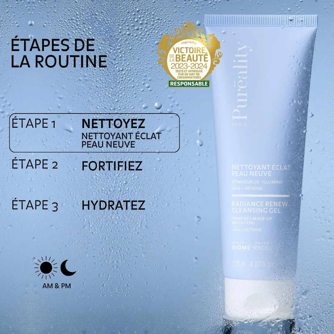 Etapes de la routine : Nettoyez - Fortifiez - Hydratez