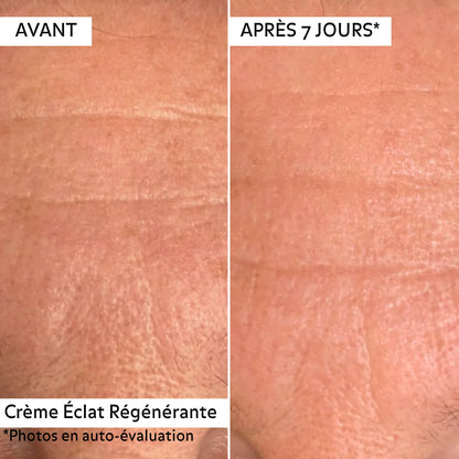 Avant/après 7 jours avec la Crème Éclat Régénérante Pureality : peau visiblement plus lisse, rides atténuées, teint plus uniforme.
