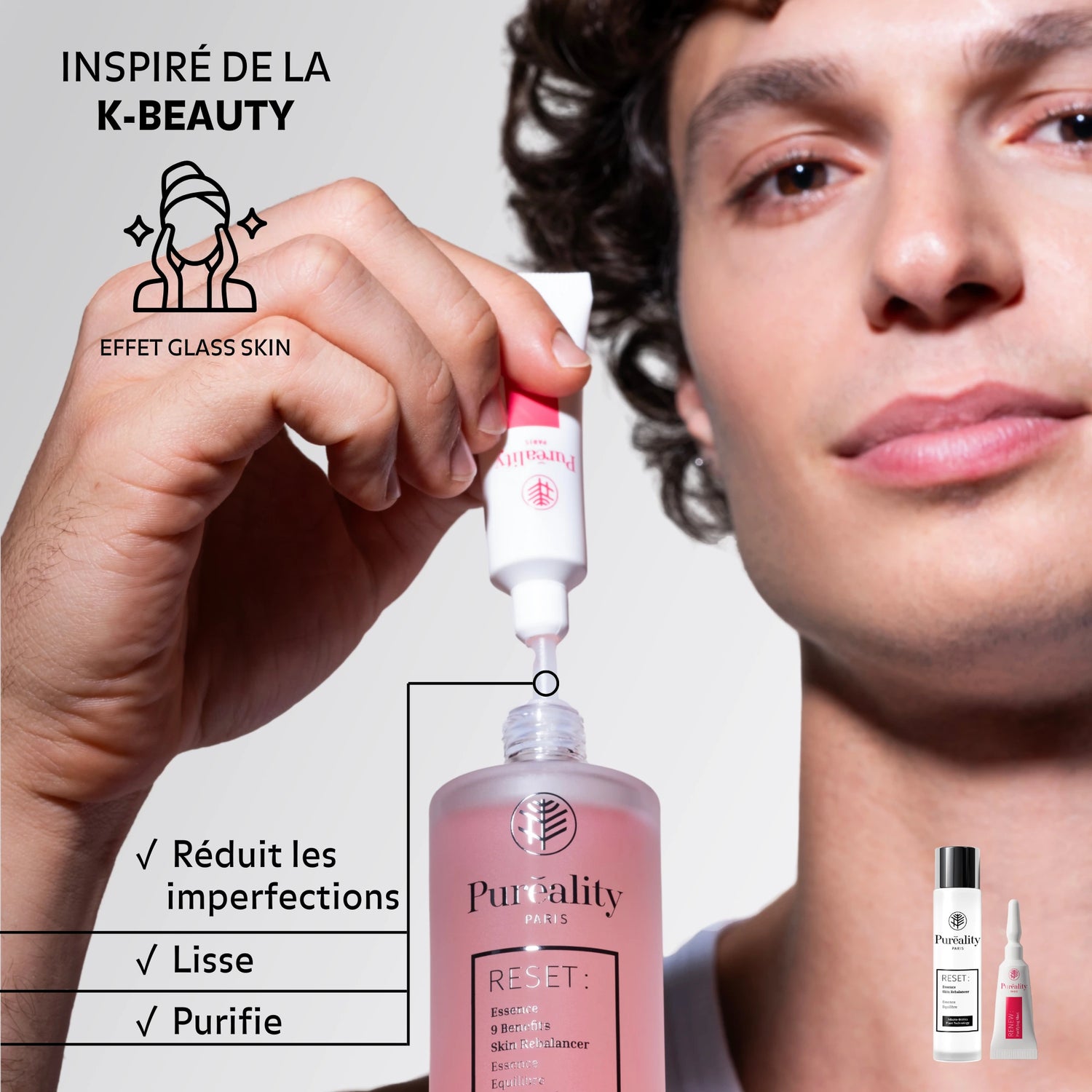 Application de l’essence purifiante RESET de Pureality – rituel inspiré de la K-Beauty pour une peau effet glass skin qui lisse la peau, purifie en profondeur et réduit visiblement les imperfections.