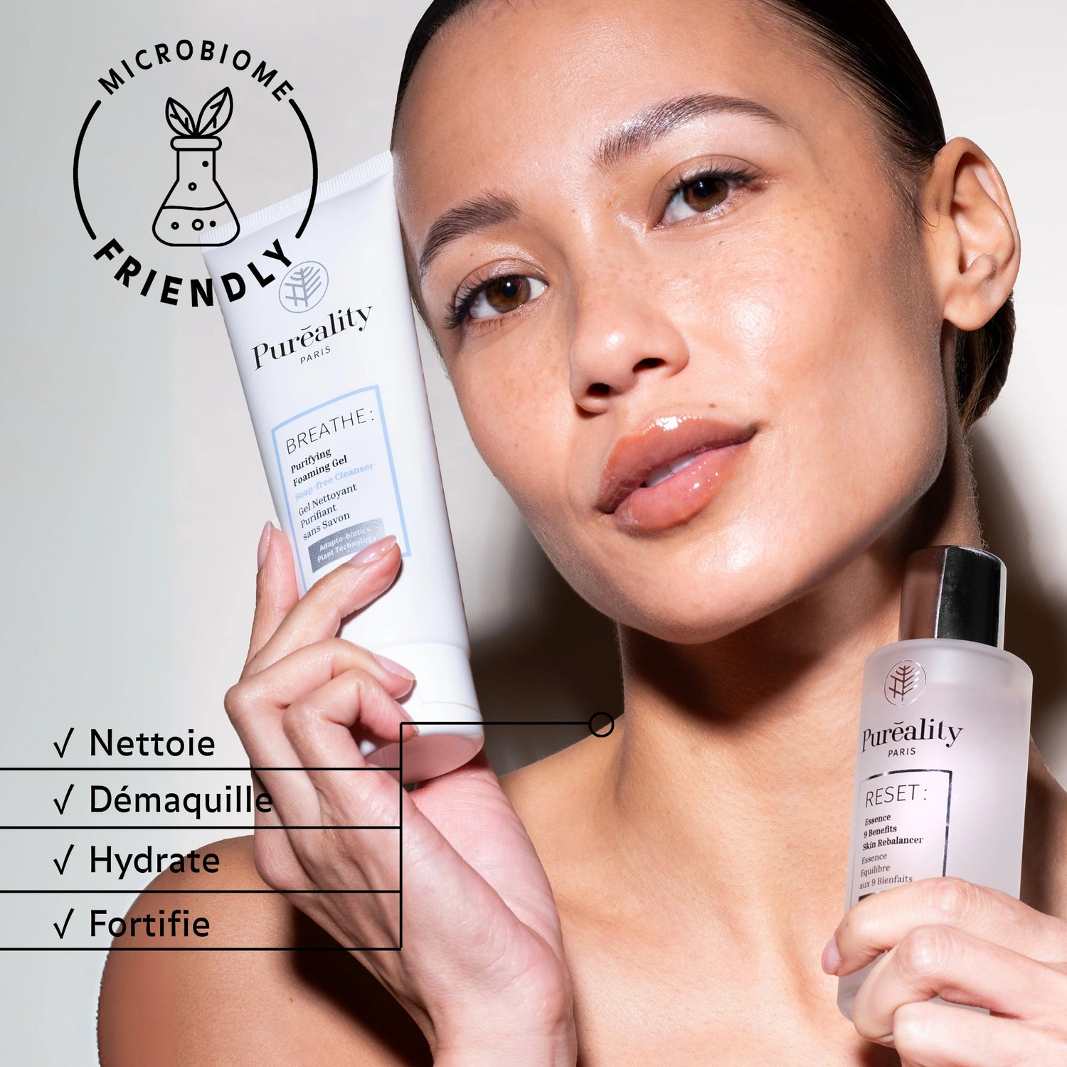 Routine microbiome friendly qui nettoie, démaquille, hydrate et fortifie la peau – essence régénérante apaisante pour peaux sensibles.