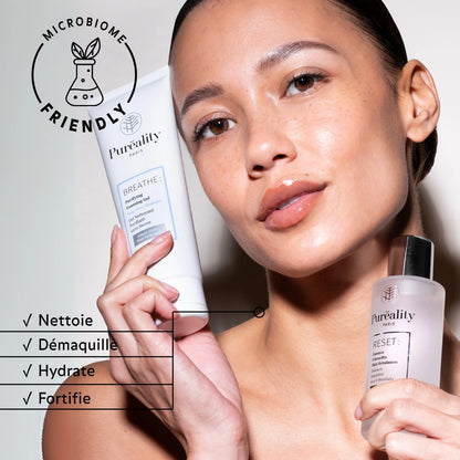 Routine microbiome friendly qui nettoie, démaquille, hydrate et fortifie la peau – essence régénérante apaisante pour peaux sensibles.