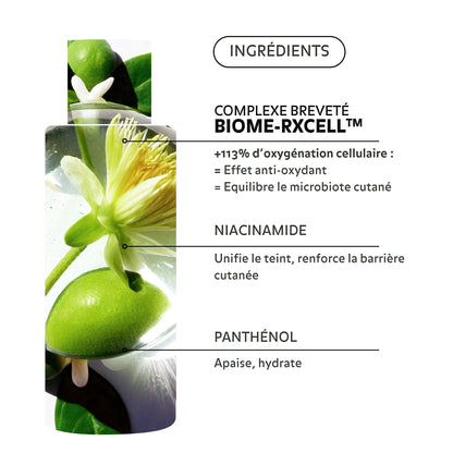 Ingrédients de l’Essence Rééquilibrante Puréality : niacinamide pour un teint unifié, panthénol apaisant et complexe breveté Biome-Rxcell™ pour équilibrer la peau.