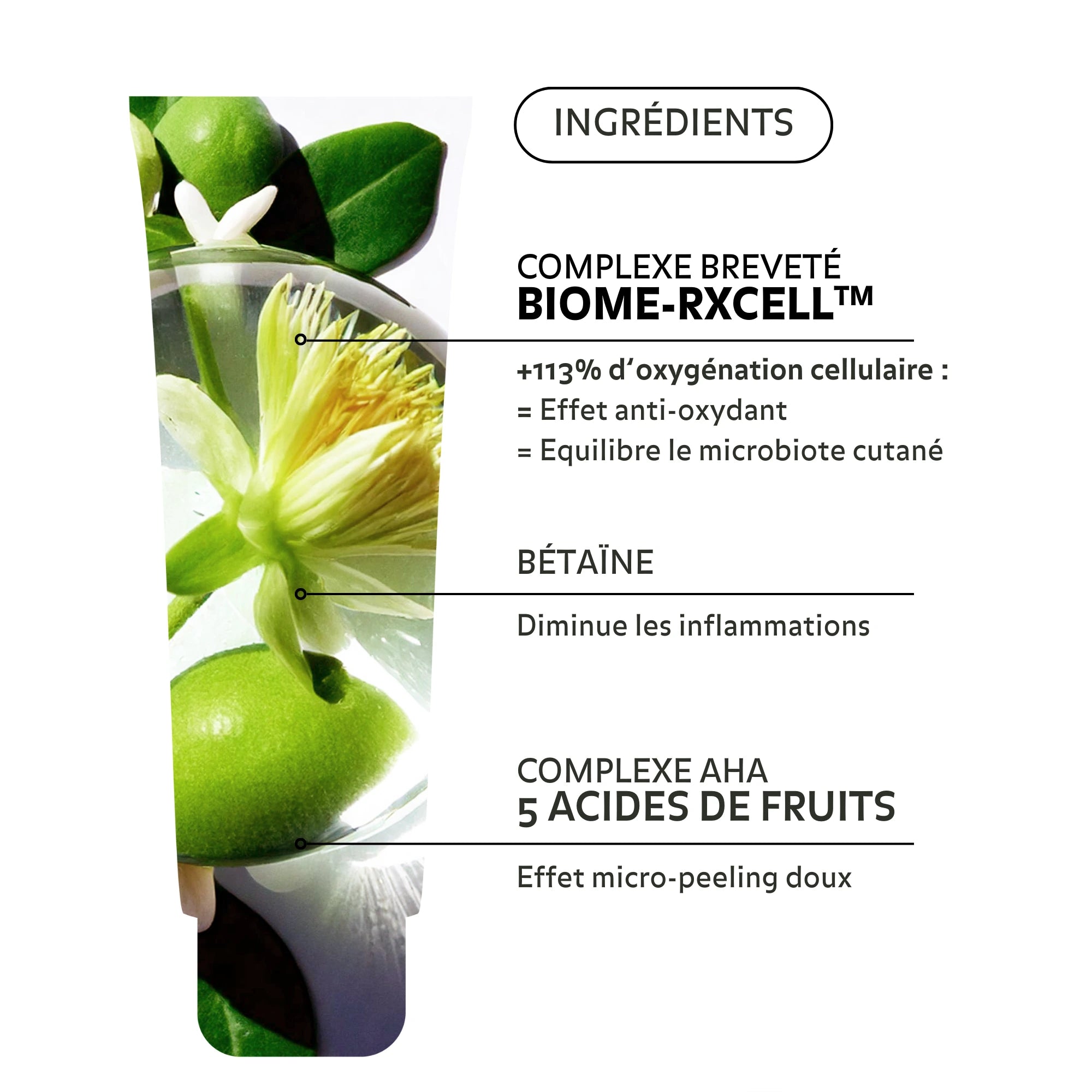 Zoom sur le Nettoyant Éclat Peau Neuve : complexe breveté BIOME-RXCELL, bétaïne anti-inflammatoire et complexe AHA aux 5 acides de fruits pour un effet micro-peeling doux. Formule végétale, exfoliante et équilibrante.