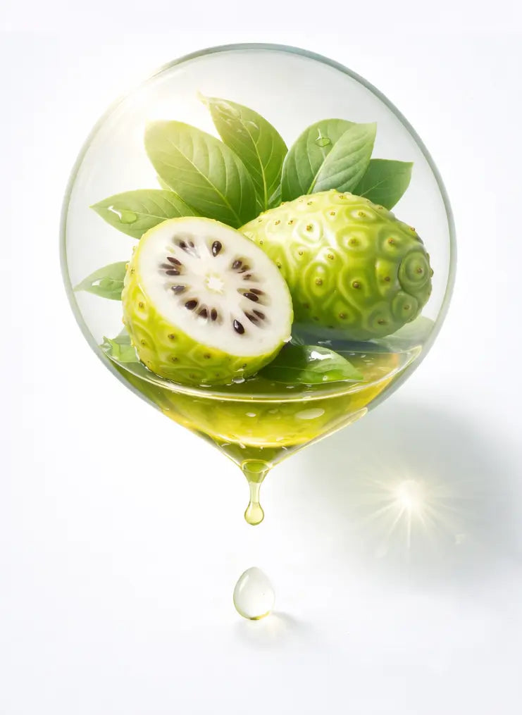 Quora Noni - Actif issu de la plante Morinda citrifolia, il agit en biomimétisme pour affiner les pores, réguler le sébum et équilibrer le microbiote cutané.